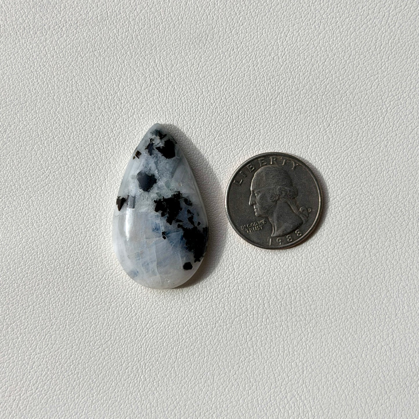 Teardrop-shaped gray stone with black spots next to a U.S. quarter on a light gray background