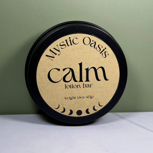 Mystic Oasis calm lotion bar packaging on a white surface with a green background