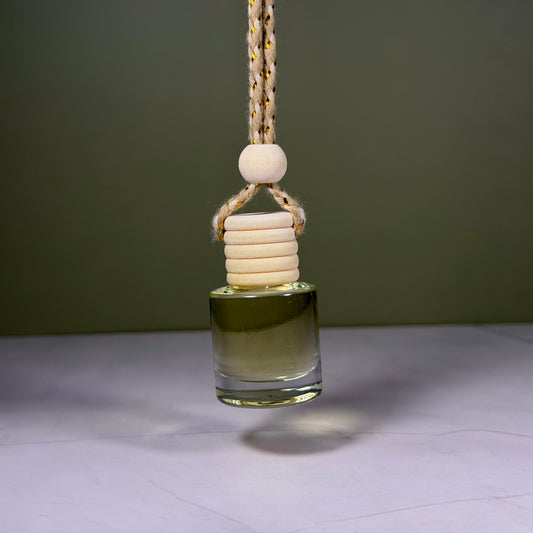 Glass diffuser with wooden beads hanging against a green background