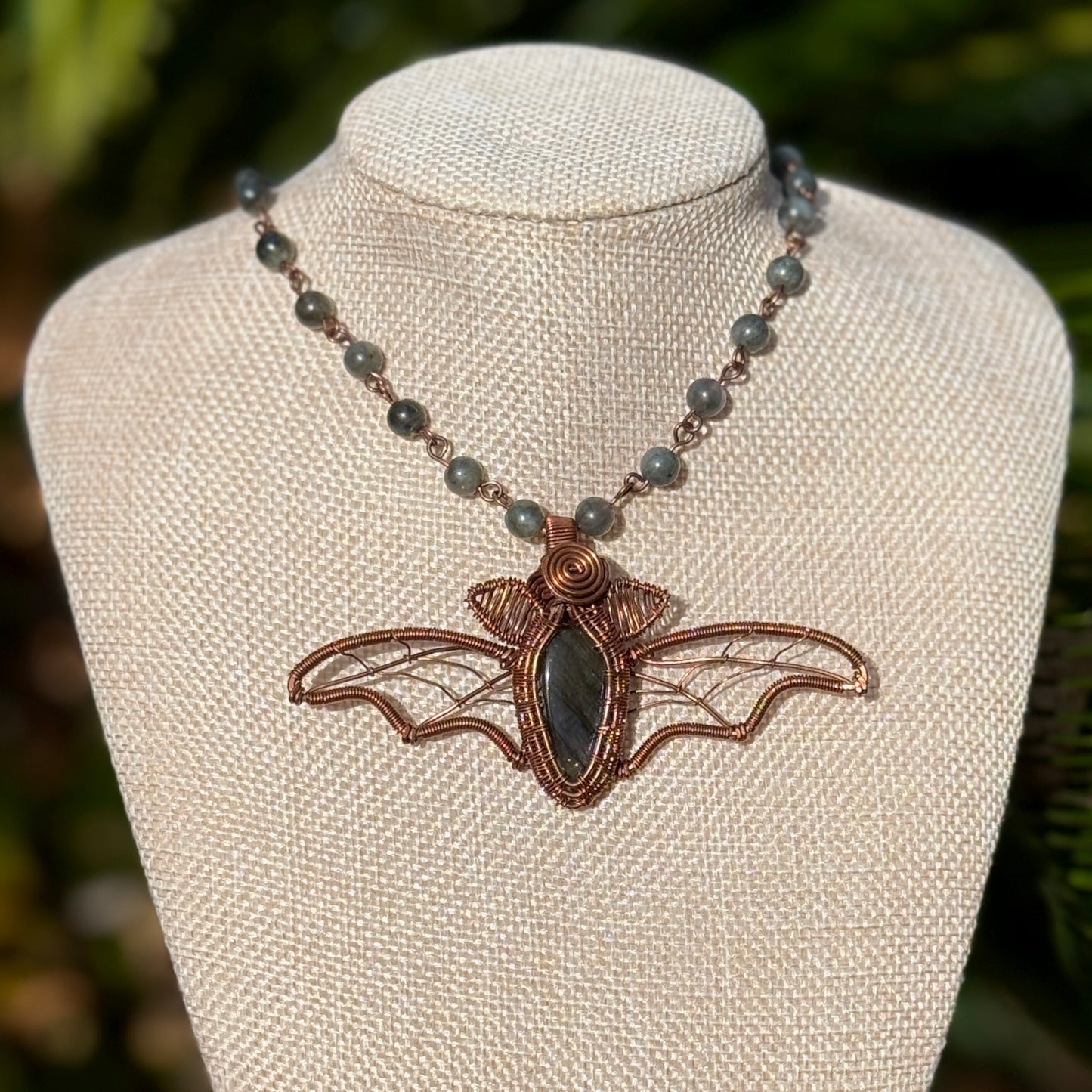 Labradorite Bat on Beaded Necklace