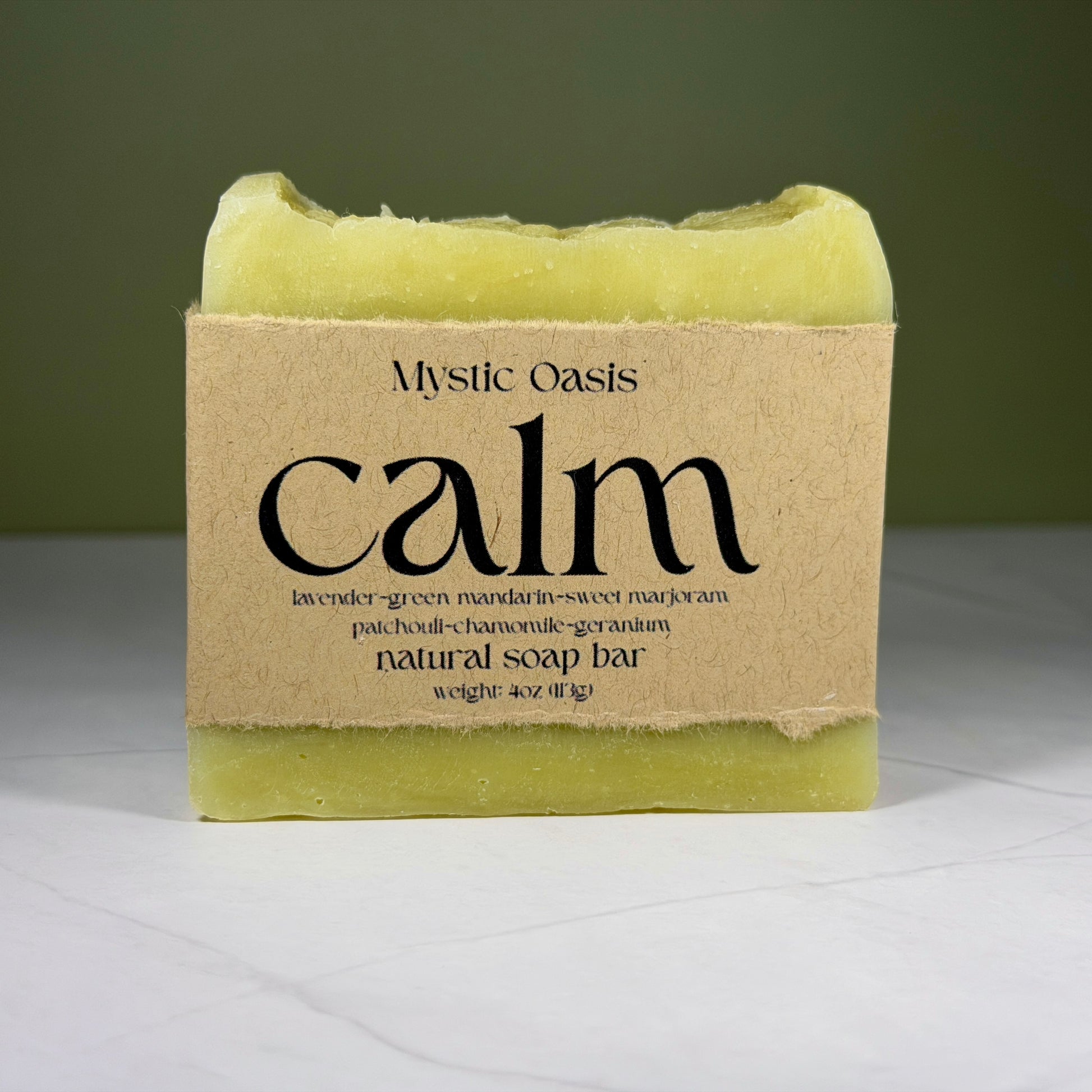 soap bar with 'Mystic Oasis Calm' packaging on a white background