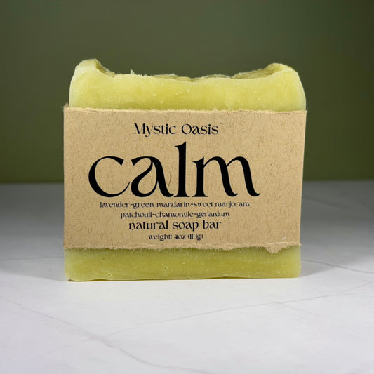 soap bar with 'Mystic Oasis Calm' packaging on a white background
