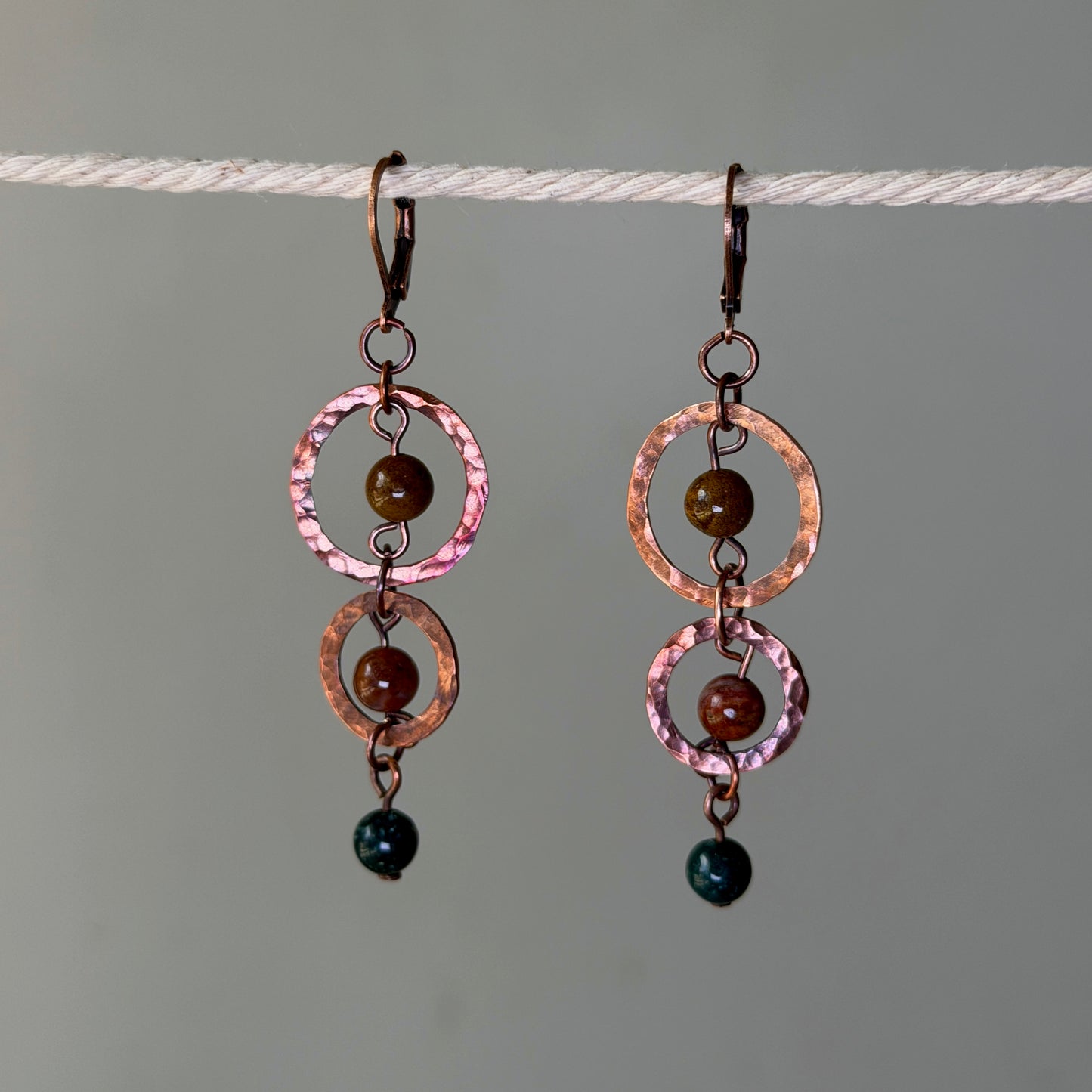 Copper earrings with 2 hoops and ocean Jasper beads 
