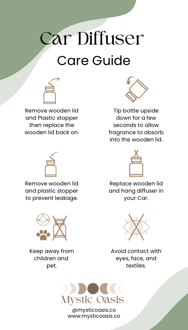 Car diffuser care guide with icons and text on a white background