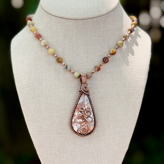 Crazy Lace Agate Unalome on Beaded Necklace