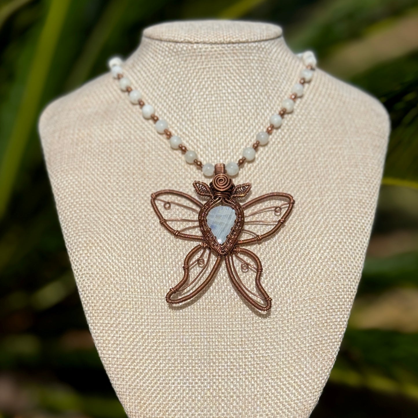 Rainbow Moonstone Luna Moth on Beaded Necklace