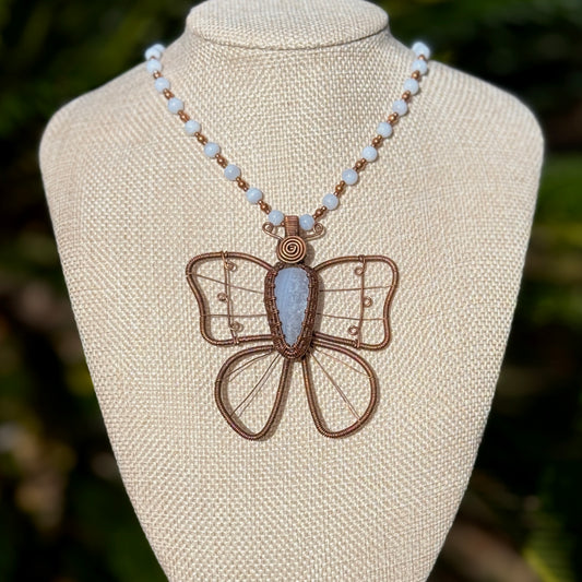 Blue Lace Agate Butterfly on Beaded Necklace