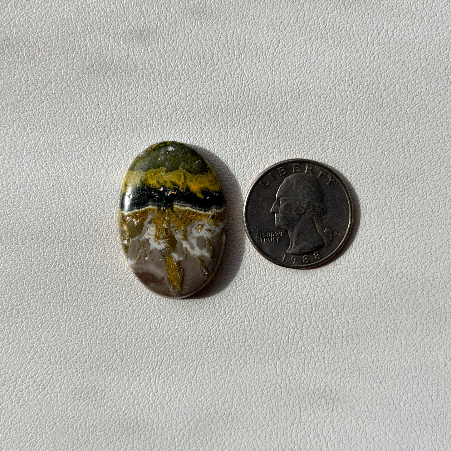 Oval-shaped stone with yellow and black patterns next to a U.S. quarter on a light gray background