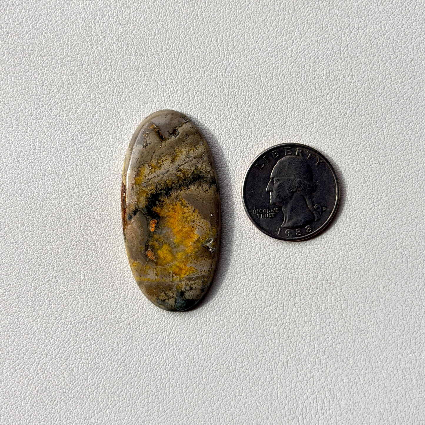 Oval-shaped stone with yellow and brown patterns next to a U.S. quarter on a white background