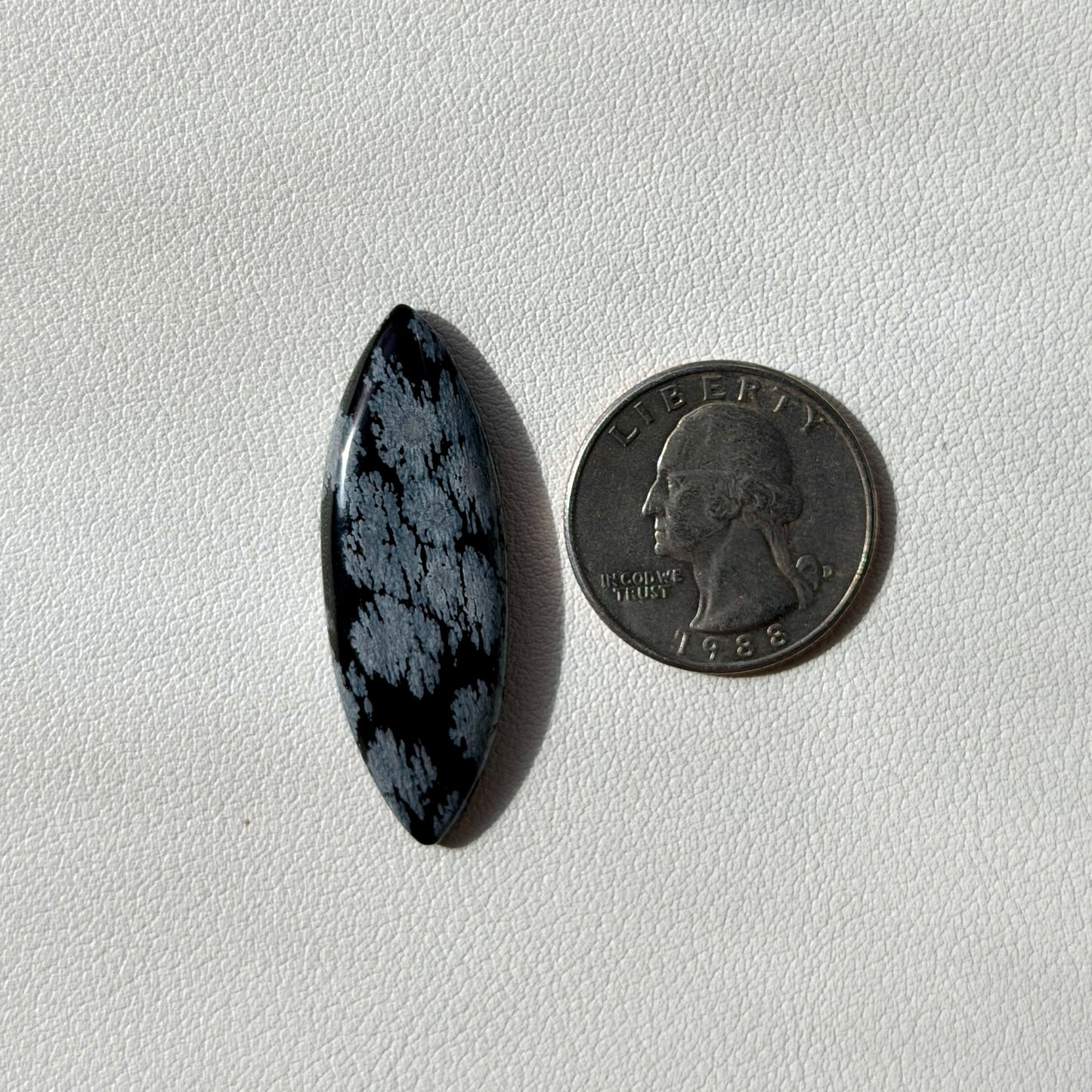 Black and gray marquise stone next to a U.S. quarter on a light gray background