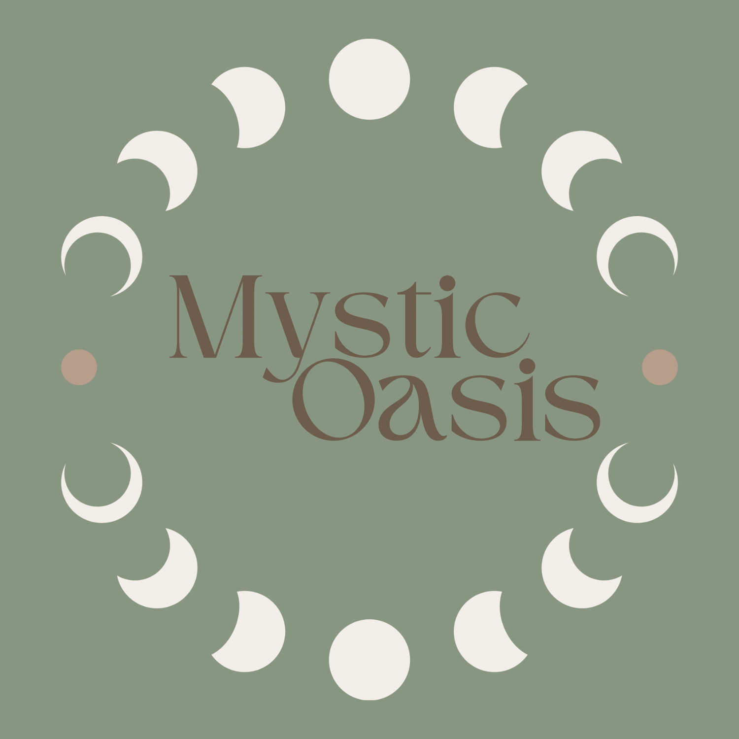 Mystic Oasis logo with moon phases on a green background